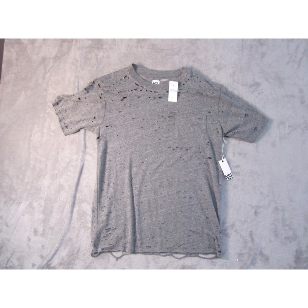 NSF Mens Distressed Pocket T-Shirt Grey Ripped Crew Neck‎ Short Sleeve Small NEW